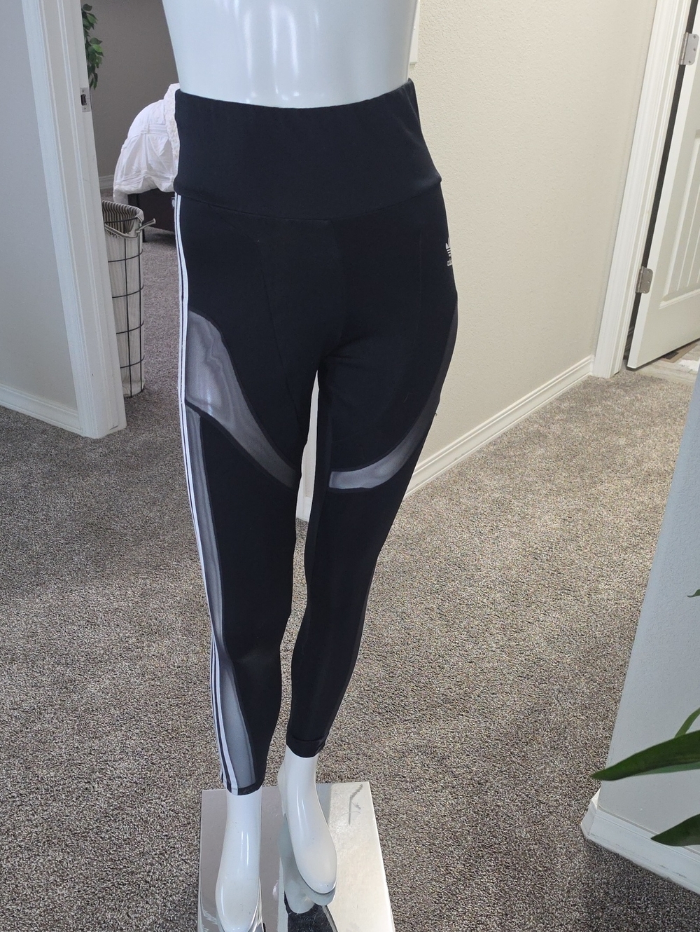 adidas Black High-Waist Mesh-Panel Leggings with White Stripes